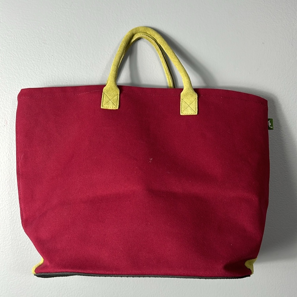 Cherry Cotton Canvas Tote With Lime Green Suede Handless  & waxed lining large